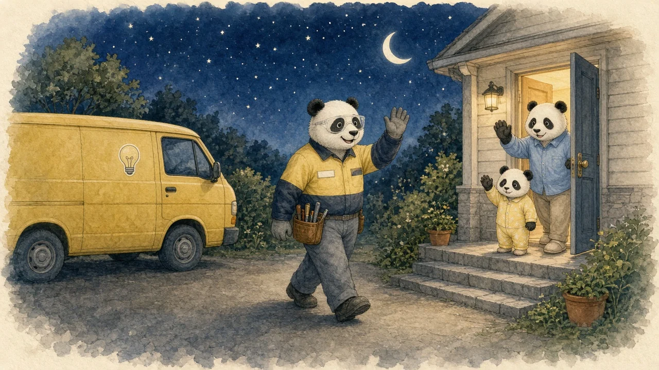 A watercolor page from Ethan the Electrician Lights the Way