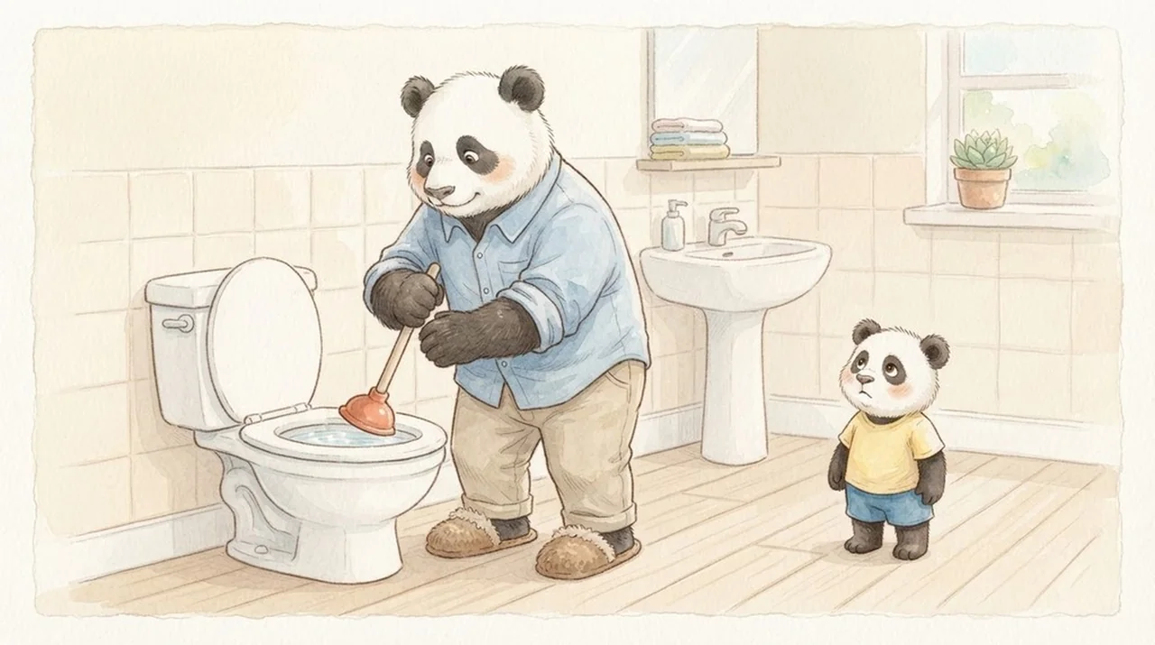 Papa Wang in a watercolor page from Paul the Plumber to the Rescue!
