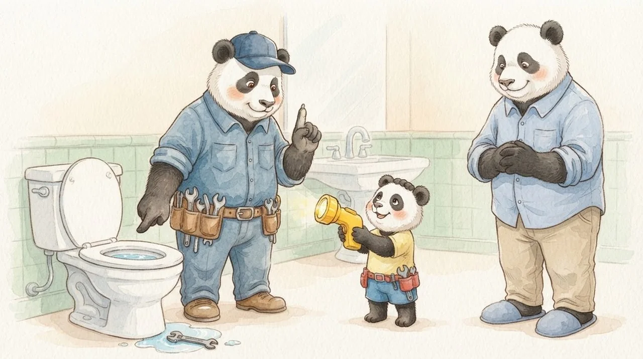 A watercolor page from Paul the Plumber to the Rescue!